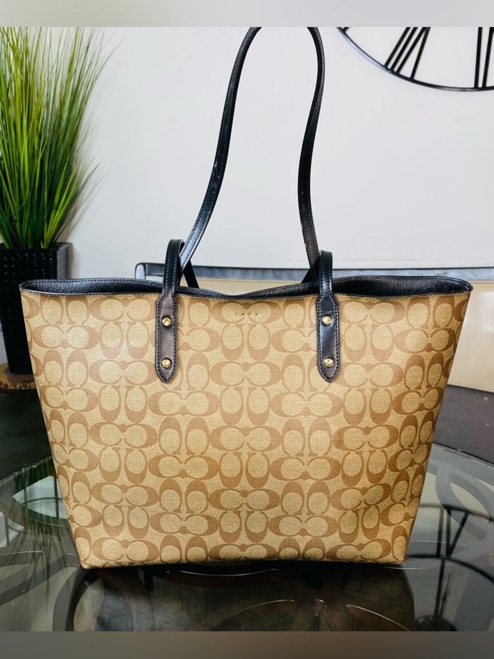 Coach Signature Tote Bag Womens Large Brown Canvas Leather Shoulder Logo Town - Picture 6 of 10